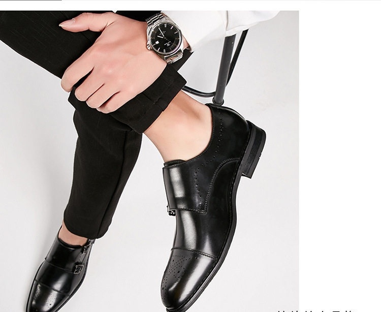 Giày Tây Monk Strap Nam Da Bóng Brogue Chiều Cao Đế Khoảng 3cm Màu Đen chi tiết 11