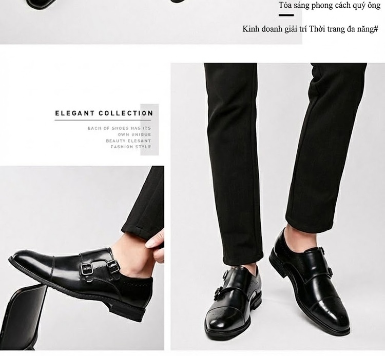 Giày Tây Monk Strap Nam Da Bóng Brogue Chiều Cao Đế Khoảng 3cm Màu Đen chi tiết 12