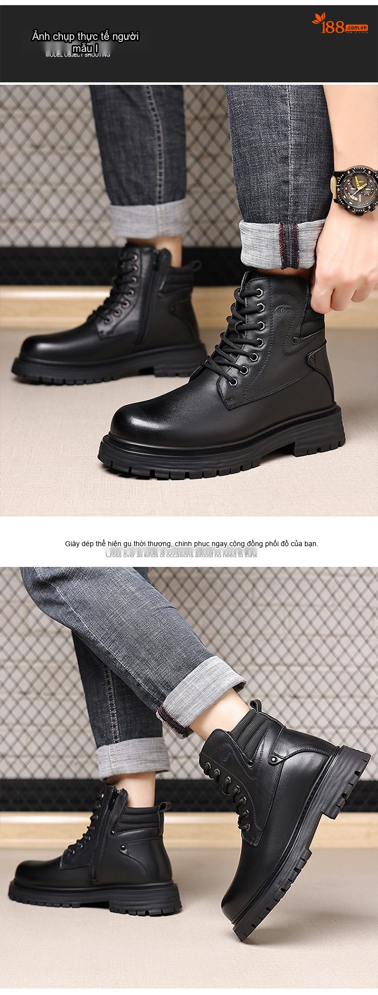 Boot Nam Da Thật Lông Cừu Giữ Ấm Chiều Cao Đế Khoảng 4cm Màu Đen chi tiết 12