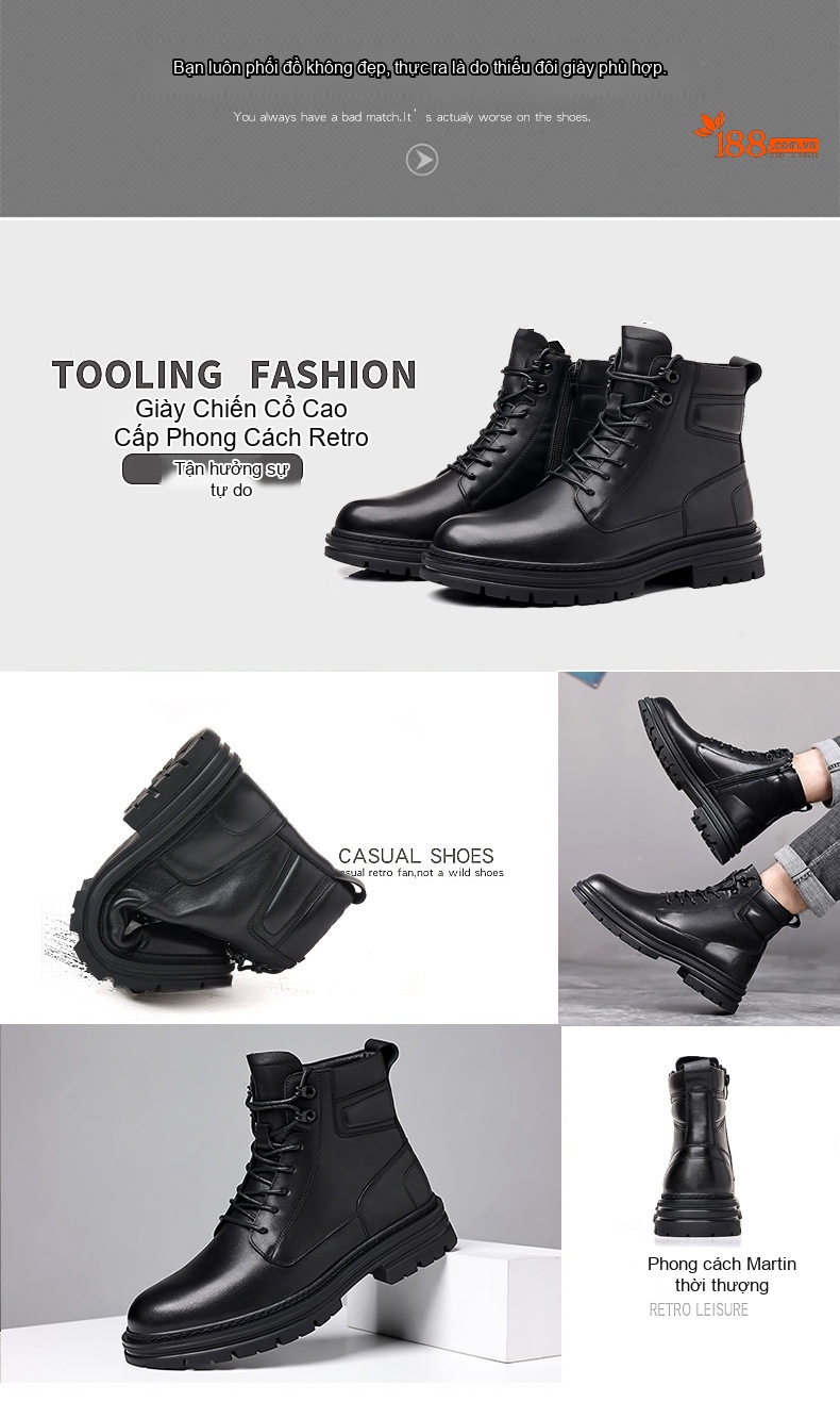 Boot Martin Nam Da Bò dáng chữ Anh Quốc Đế Dày Chiều Cao Đế Khoảng 5cm Màu Đen chi tiết 3