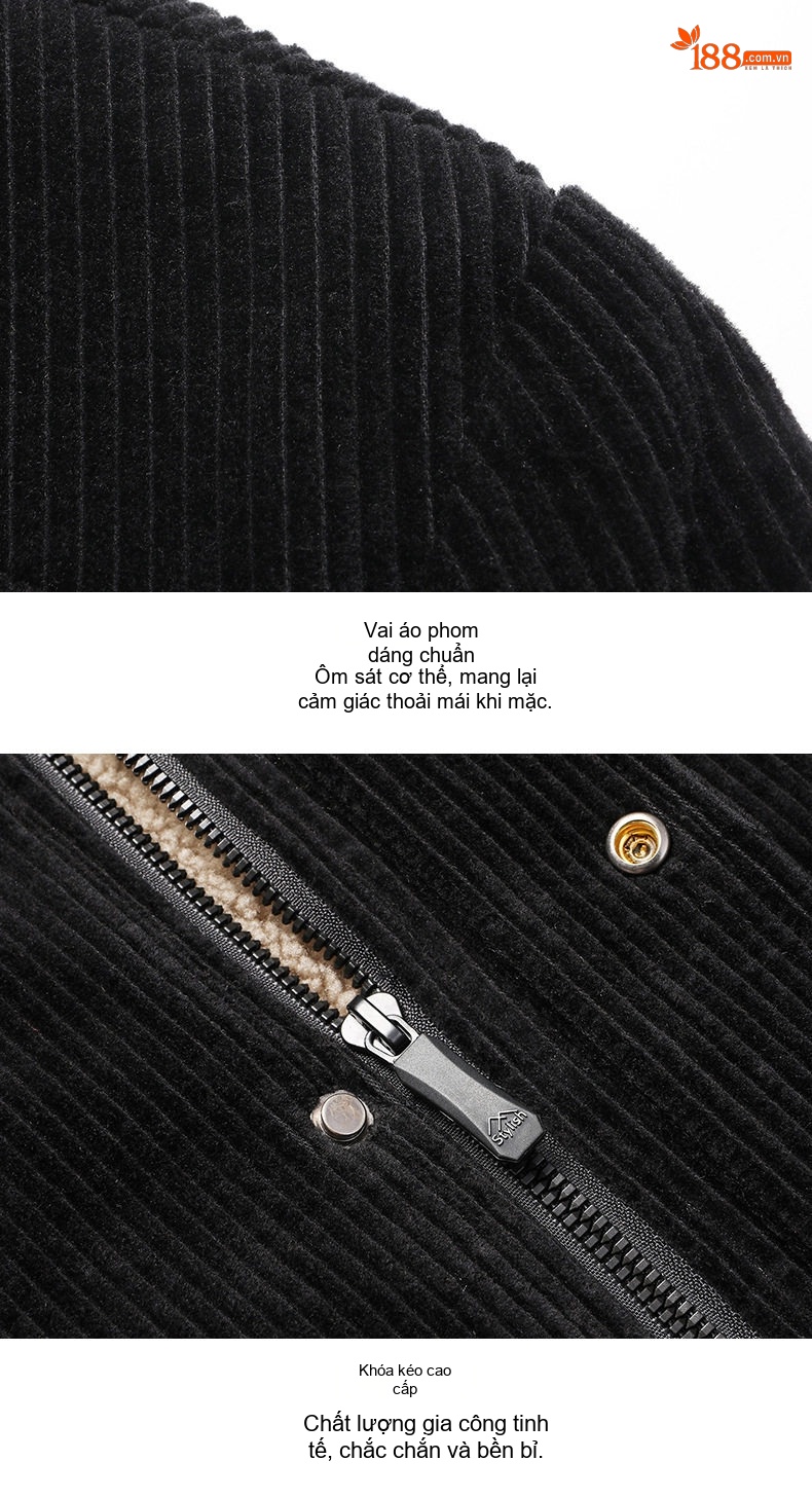 Áo Khoác Nam Lót Lông Cừu Non Cotton Gân Dày Dặn Dáng Dài Màu Nâu, Đen, Xanh Rêu chi tiết 16