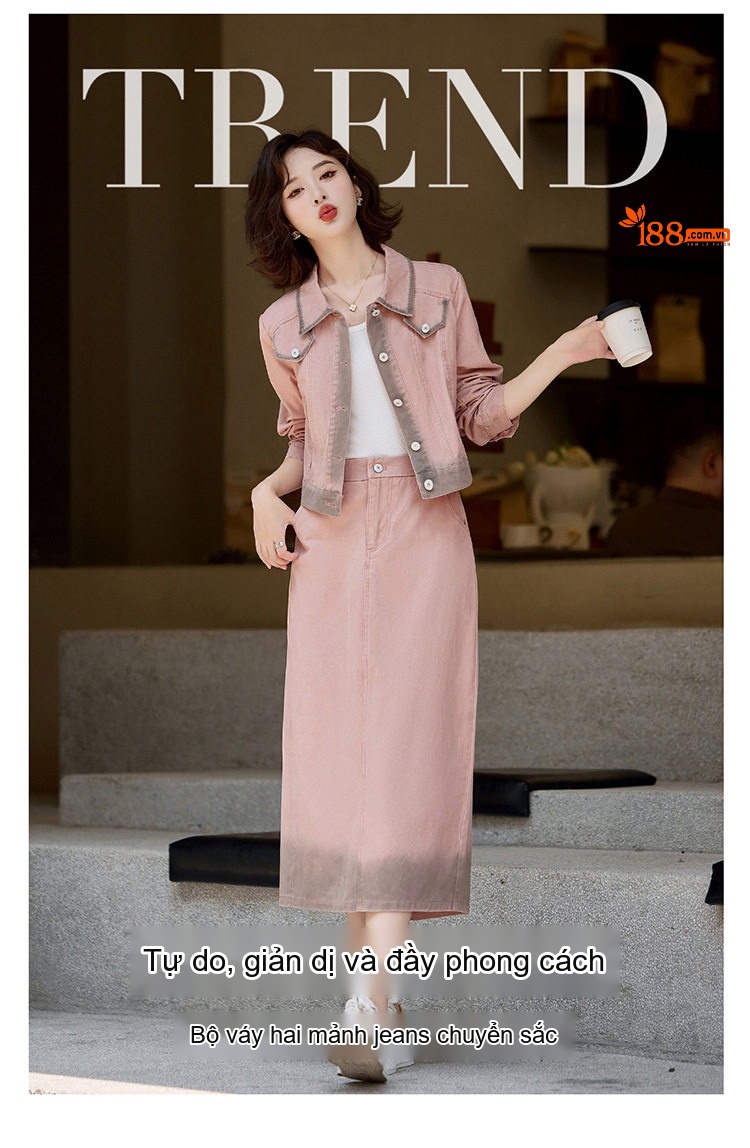 Set Áo Khoác Lửng Tay Ngắn và Chân Váy Bò Dáng Dài Thanh Lịch chi tiết 1