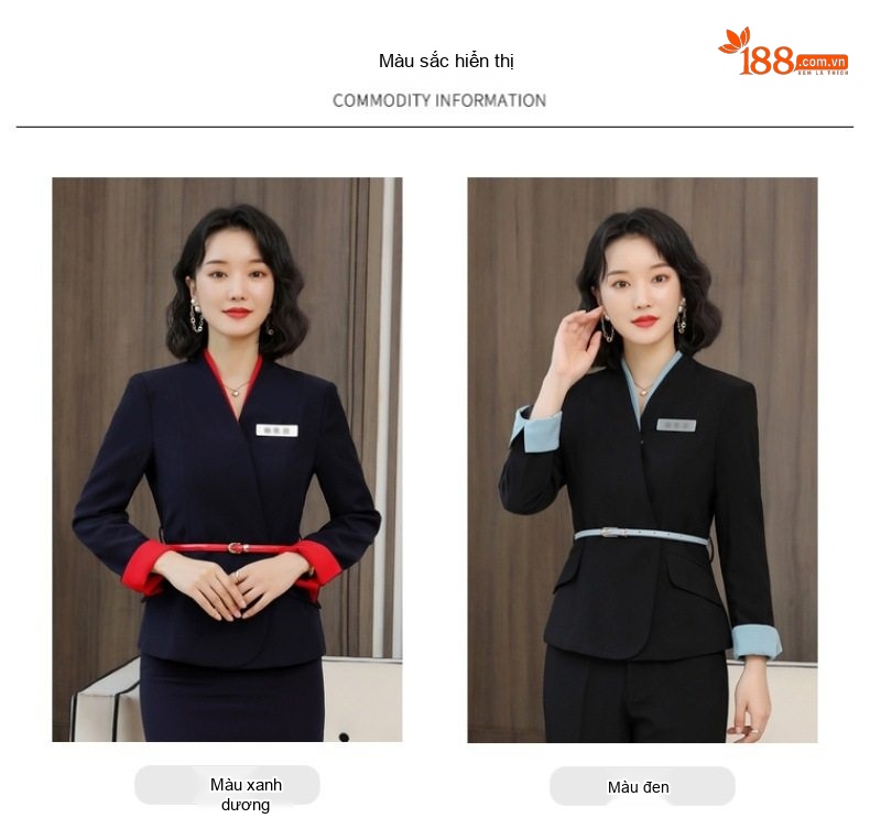 Set Bộ Vest Công Sở Nữ Tay Dài Cổ chữ V Màu Xanh Navy Phối Đỏ chi tiết 7