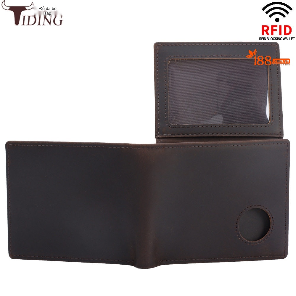 Ví Nam Da Bò Ngắn Dạng Gập Đôi Chống RFID Màu Nâu