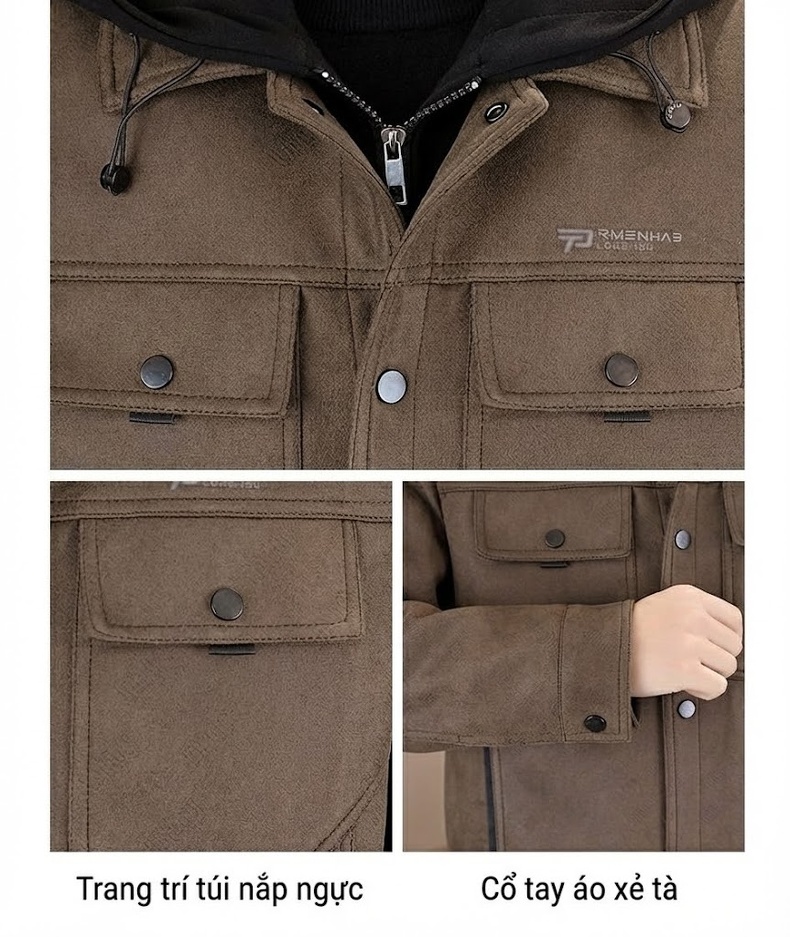 Áo Khoác Bomber Nam Lót Lông Cừu Non Cổ Bẻ Phong Cách Quân Đội Màu Xanh Rêu, Xanh Navy, Trắng Kem, Nâu chi tiết 6