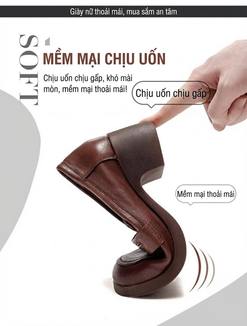 Giày Loafer Nữ Da Bò Cao Gót Chiều Cao Đế Khoảng 5cm Màu Nâu, Đen chi tiết 3