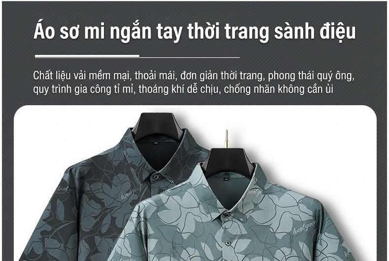 Áo Sơ Mi Tay Ngắn Nam Họa Tiết Hoa Lá Lụa Băng Mát Mẻ Thoáng Khí Màu Xám Đen chi tiết 1
