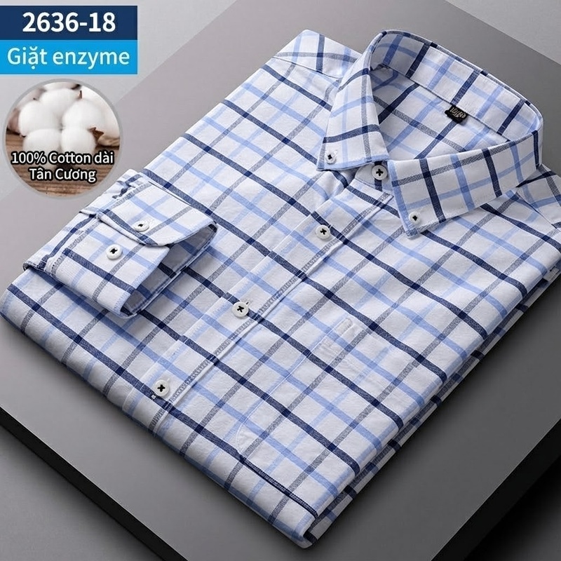 Áo Sơ Mi Nam Tay Dài Cotton Oxford Giặt Nước Kẻ Caro Mặc Đơn Giản Lót Trong Công Sở Màu Trắng, Xanh Dương, Xám, Hồng...