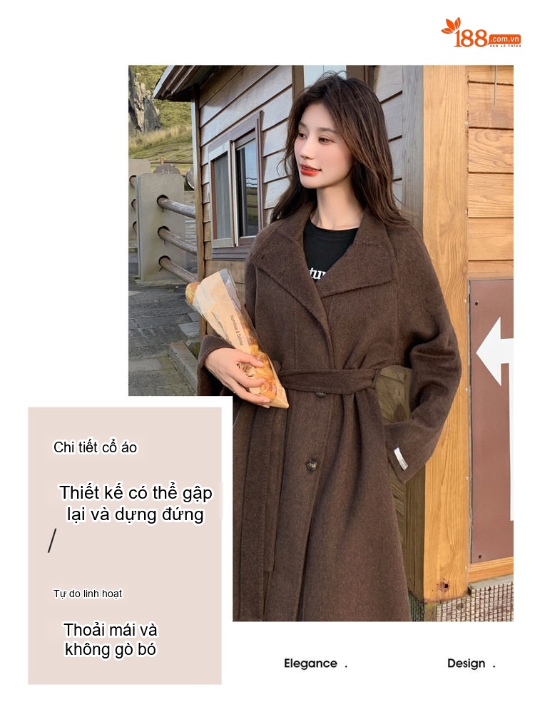 Áo Khoác Dạ Nữ Dáng Dài Vừa Cổ Trụ Thắt Eo Màu Nâu chi tiết 6