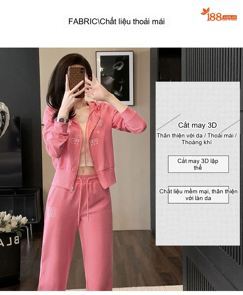 Bộ Quần Áo Nữ Thu Đông Phong Cách Hàn Quốc Cao Cấp, Áo Khoác Có Mũ Và Quần Ống Rộng Màu Hồng, Trắng chi tiết 6