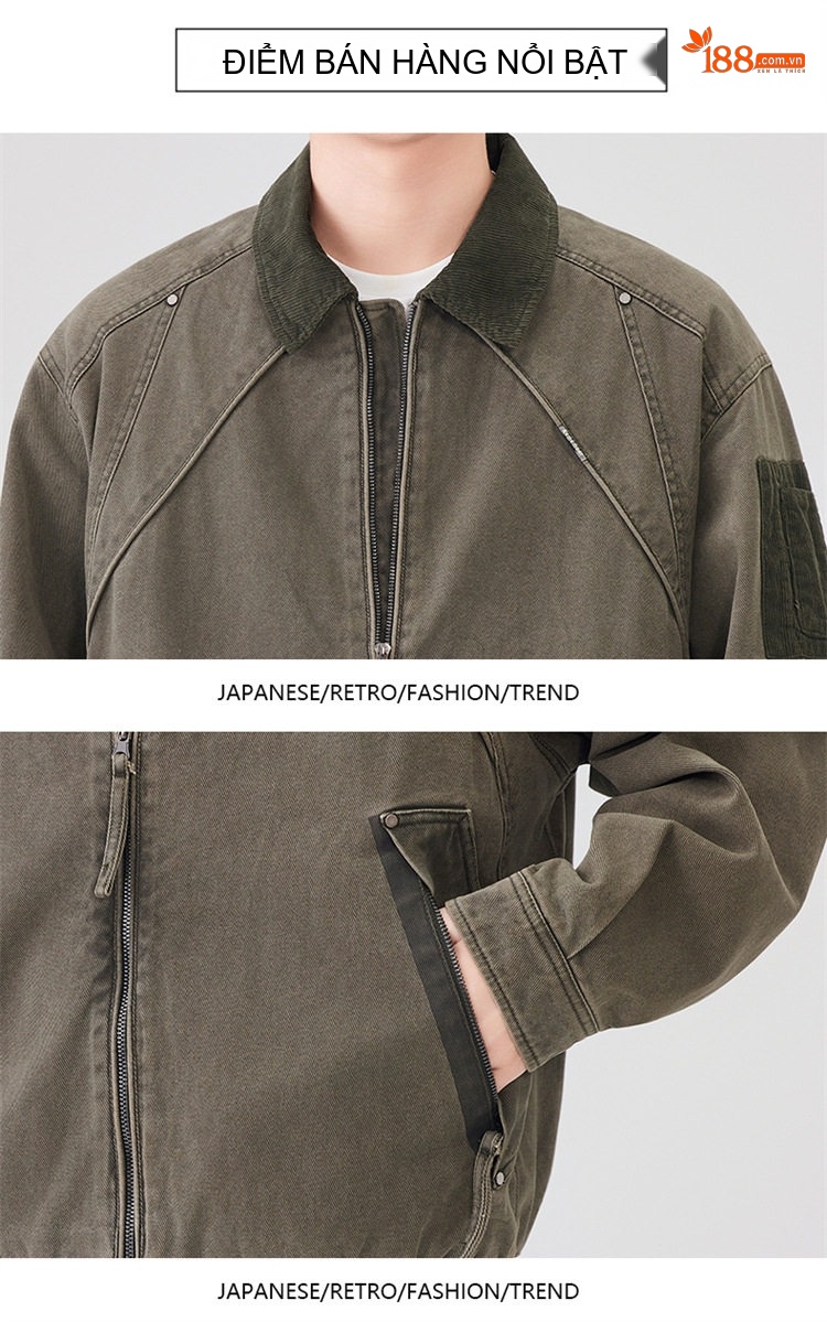 Áo Khoác Bomber Nam Cotton Dáng Ngắn Cổ Bẻ Phong Cách Retro Màu Xanh Olive, Nâu chi tiết 18