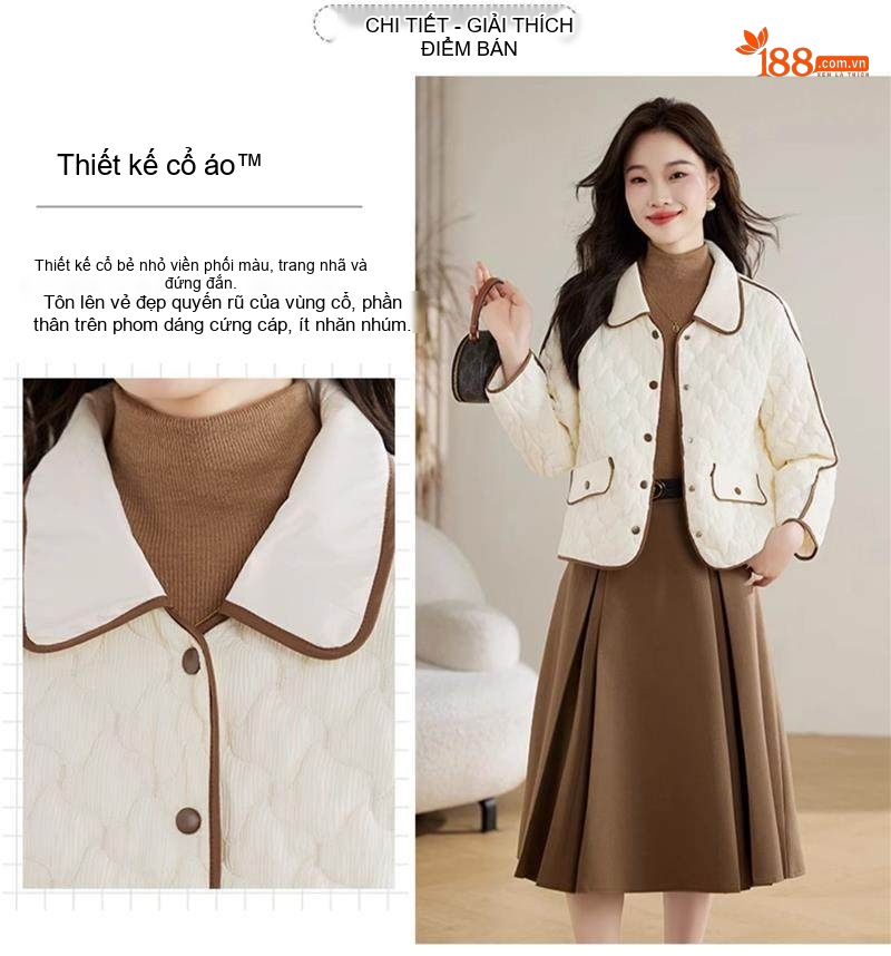 Áo Khoác Bông Trám Viền Nữ Dáng Ngắn Nhẹ Cổ Bẻ Màu Xanh Olive, Trắng, Đen chi tiết 8
