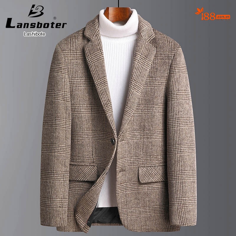 Áo Vest Nam Lông Cừu Kẻ Ô Kiểu Âu Thu Đông Màu Nâu, Xám