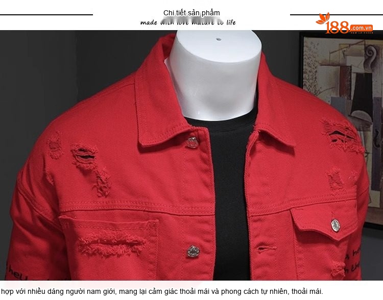 Áo Khoác Jean Nam Slimfit In Chữ Thời Trang Màu Trắng, Hồng chi tiết 13