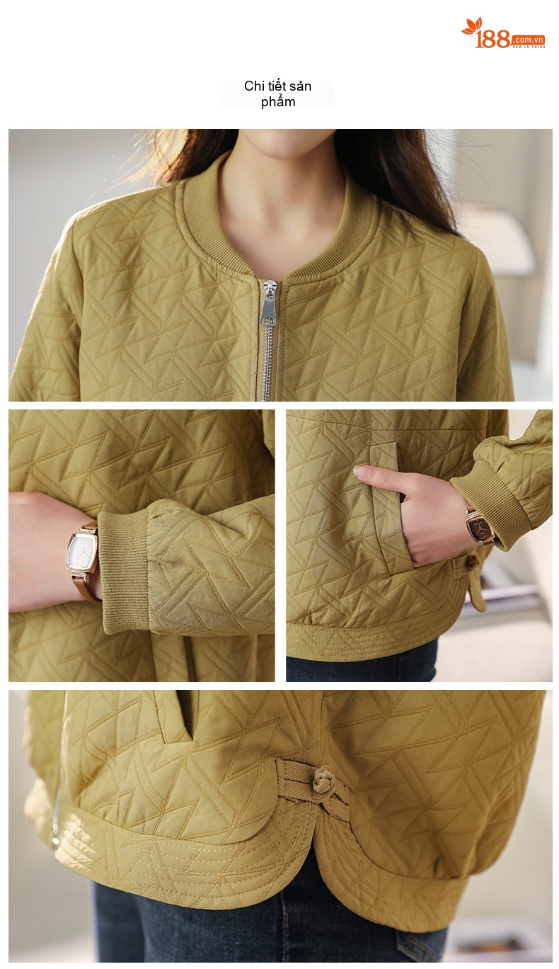 Áo Khoác Bomber Nữ Dáng Ngắn Phong Cách Retro Màu Kem, Xanh Olive chi tiết 30