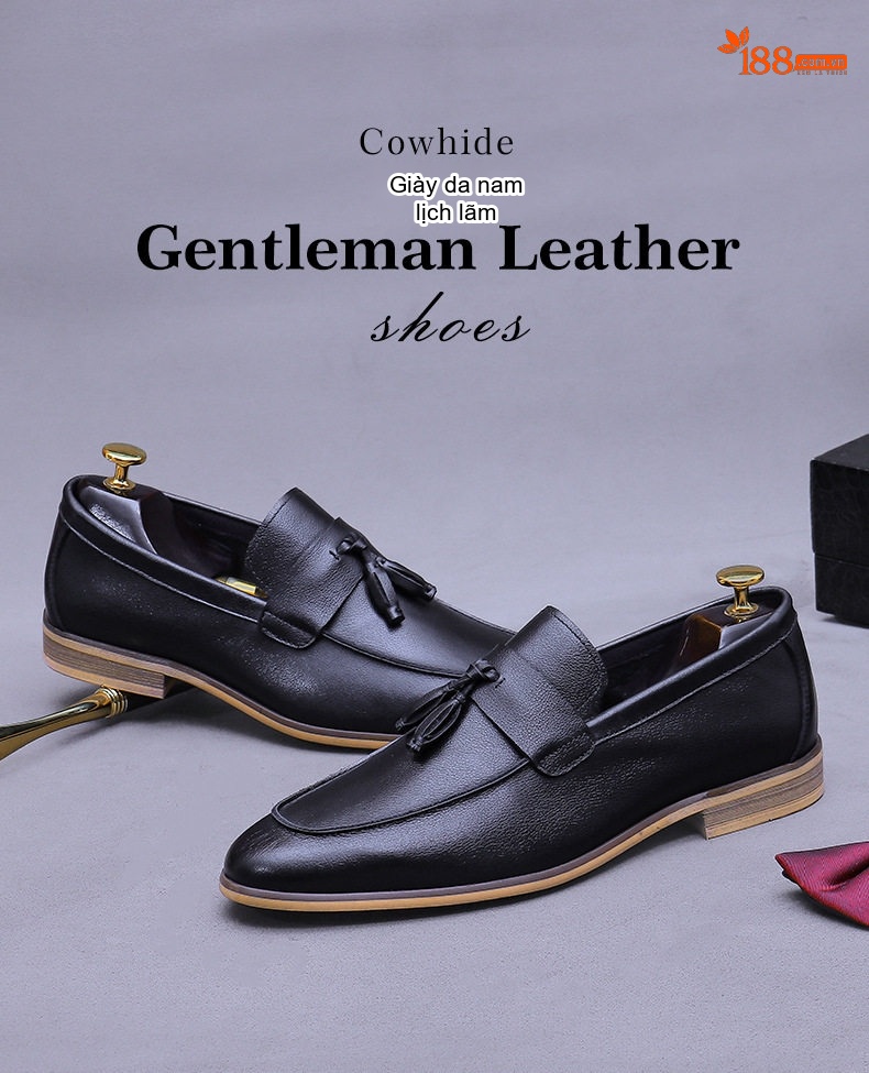 Giày Lười Nam Da Bò Retro Tua Rua Chiều Cao Đế Khoảng 3cm Màu Đen, Nâu chi tiết 1