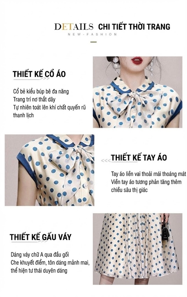 Váy Suông Nữ Cổ Búp Bê Họa Tiết Chấm Bi Thắt Nơ Kiểu Retro chi tiết 4