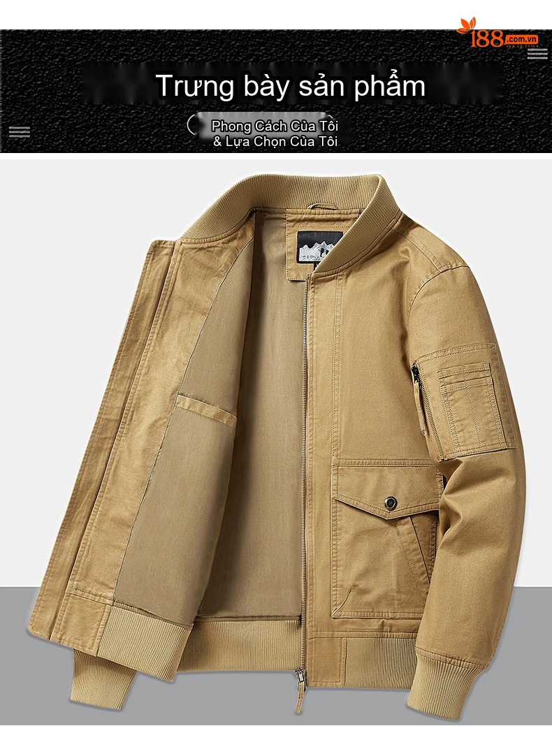 Áo Khoác Bomber Nam Cotton Dáng Rộng Phong Cách Bụi Bặm Màu Be, Xanh Navy, Nâu, Xanh Rêu... chi tiết 13
