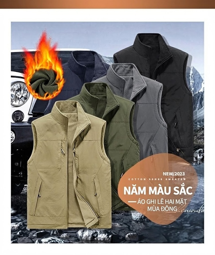 Áo Gile Nam Hai Mặt Mặc Lót Lông Cừu Non Nhiều Túi Phong Cách Thể Thao Thu Đông Màu Xanh Rêu, Nâu Be, Xám, Đen... chi tiết 7
