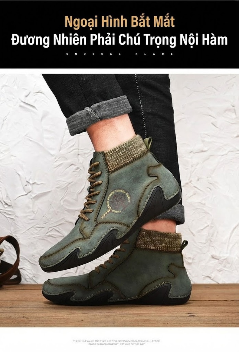 Giày Boot Martin Nam Cổ Lửng Da Mờ Chiều Cao Đế Khoảng 3cm Màu Xanh, Nâu chi tiết 17