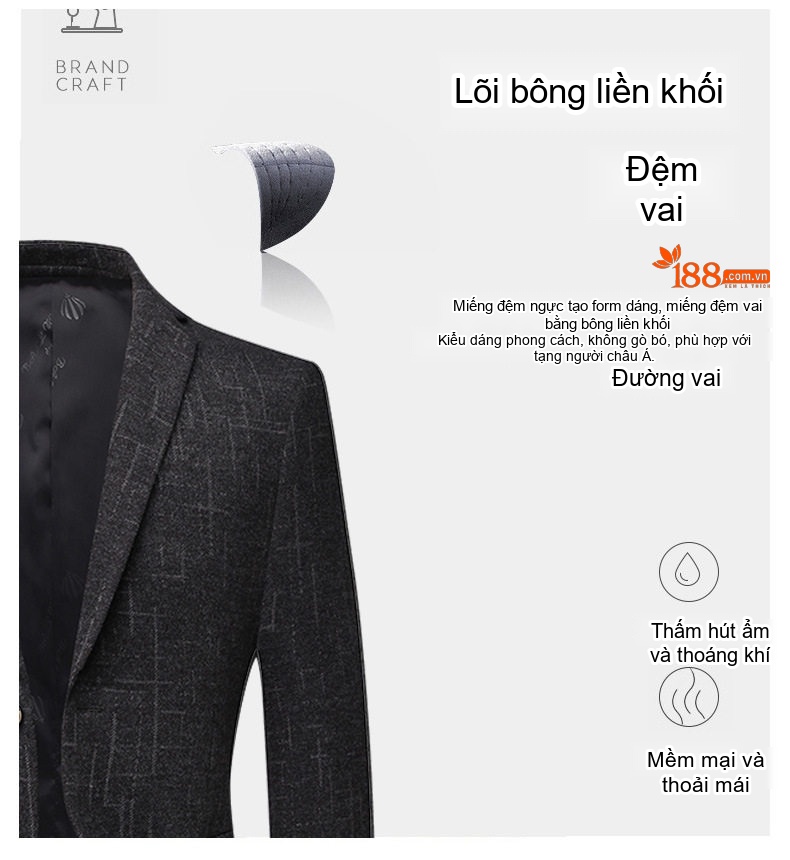Áo Vest/Blazer Nam Kẻ Caro Co Giãn Chống Nhăn Dáng Ôm Màu Xám Đen chi tiết 6