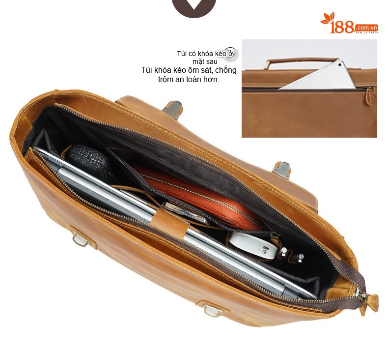 Cặp Túi Xách Đựng Laptop 15.6 Inch Da Bò Sáp Đeo Vai Nam Màu Nâu chi tiết 4