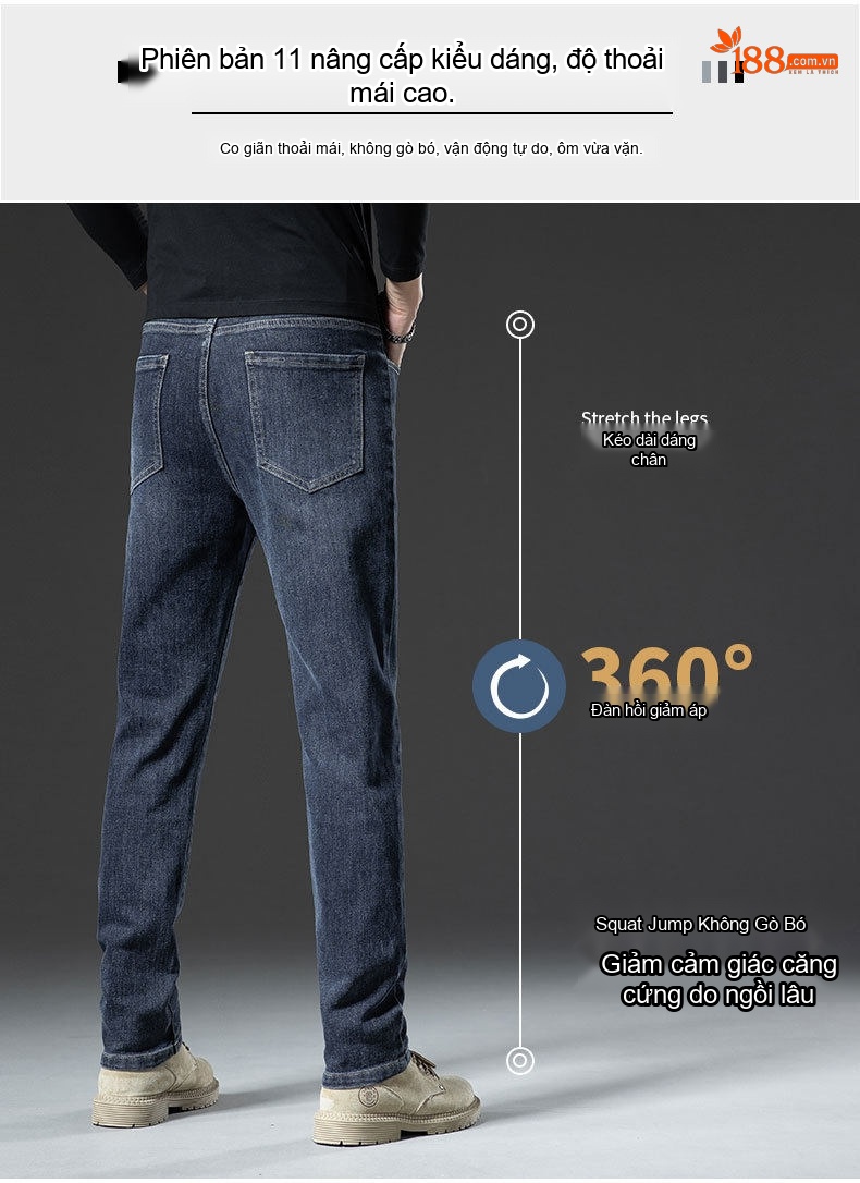 Quần Jean Nam Cotton Co Giãn Thoải Mái Dáng Ôm Vừa Vặn Màu Xanh Xám, Đen Xám chi tiết 9