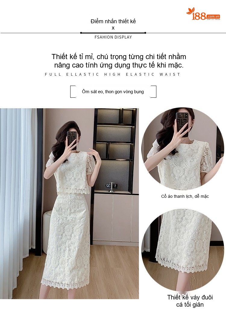 Set Áo và Chân Váy Ren Tiểu Thư Tay Ngắn Phong Cách Hàn Quốc Màu Trắng chi tiết 2