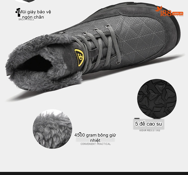 Giày Boot Nam Cổ Cao Lót Lông Đi Tuyết Chống Trượt Chiều Cao Đế Khoảng 4cm Màu Đen, Xám chi tiết 7