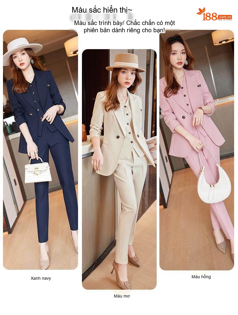 Bộ Vest Công Sở Nữ 3 Món Áo Khoác, Áo Gile, Quần Dài Màu Hồng, Kem, Xanh Navy chi tiết 9