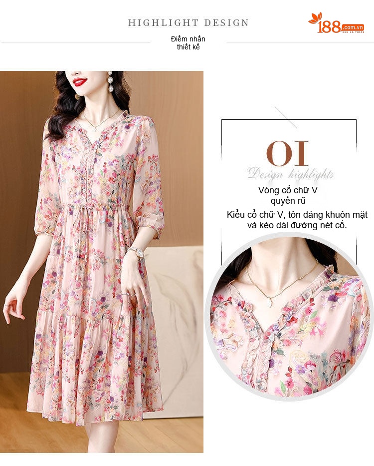 Váy liền thân Nữ Lụa Gấm Họa Tiết Hoa Nhí Cổ Điển Thanh Lịch chi tiết 4