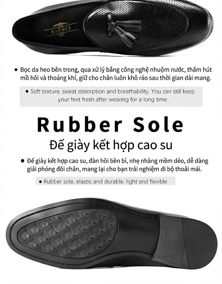 Giày Lười Nam Da Bóng Phong Cách Anh Chiều Cao Đế Khoảng 3cm Màu Đen chi tiết 5