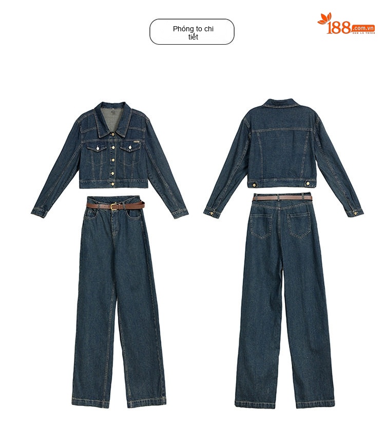 Set Bộ Quần Áo Nữ Jean/Denim Áo Khoác Lửng Quần Ống Rộng Phong Cách Hàn Quốc Màu Xanh Navy chi tiết 25