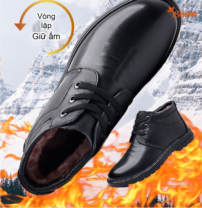Giày Da Thật Nam Cổ Cao Lót Lông Cừu Mùa Đông Chống Trượt Chiều Cao Đế Khoảng 3cm Màu Đen chi tiết 5