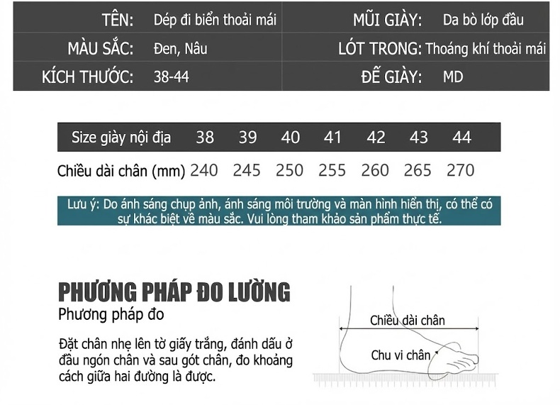 Sandal Nam Da Bò Hở Ngón Thoáng Khí Chiều Cao Đế Khoảng 3cm Màu Nâu, Đen chi tiết 7
