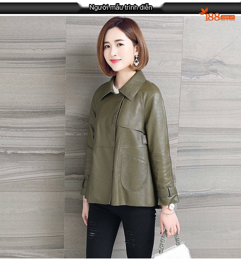 Áo Khoác Da Cừu Nữ Dáng Ngắn Phong Cách Hàn Quốc Cổ Bẻ Màu Đen, Xanh Olive chi tiết 3