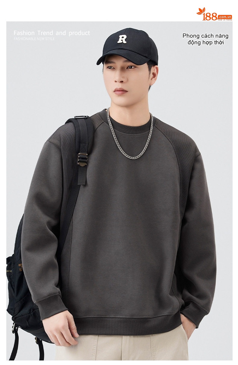 Áo Sweatshirt Nam Tay Raglan Phối Màu Cotton Form Rộng Màu Đen, Xám chi tiết 1