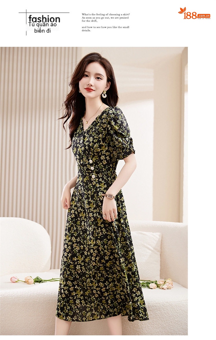 Váy liền thân Nữ Cổ chữ V tay bồng họa tiết hoa nhí dáng dài thanh lịch Màu Đen, Xanh chi tiết 17