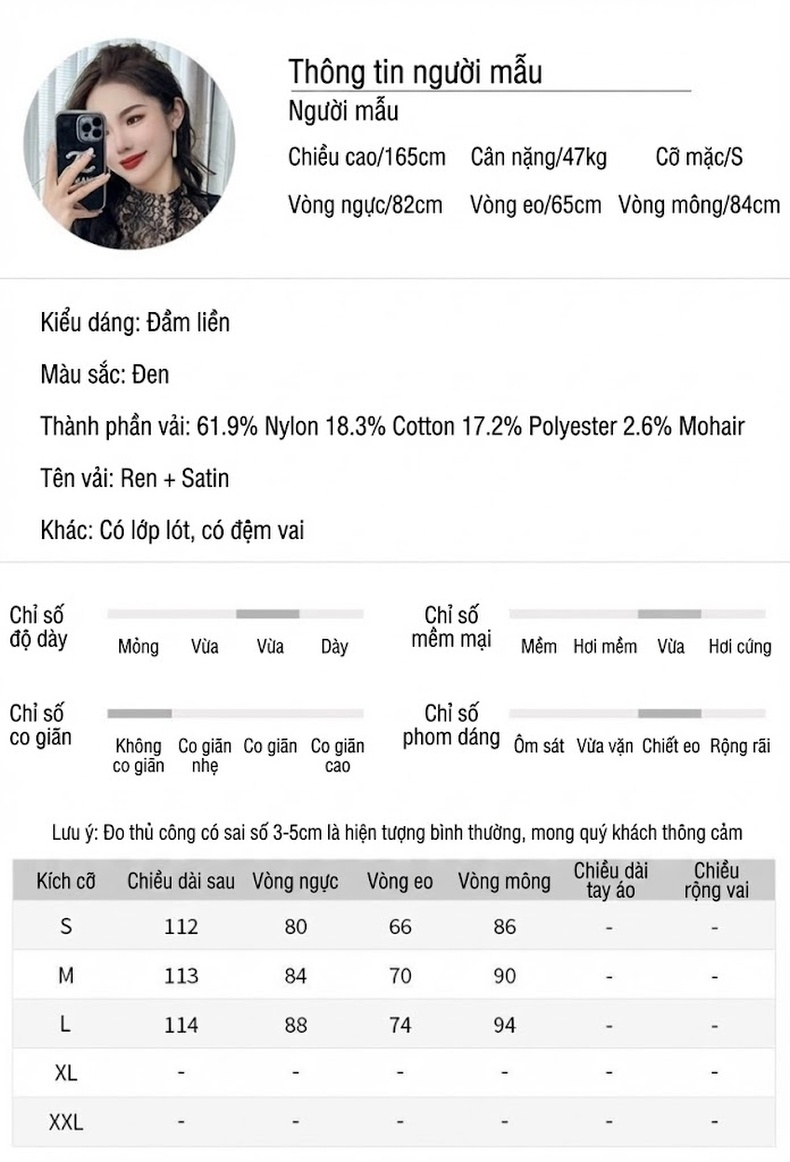 Váy liền thân Nữ Tay Lỡ Phối Ren, Bèo Nhún Dáng Đuôi Cá Phong Cách Thanh Lịch Màu Đen chi tiết 2