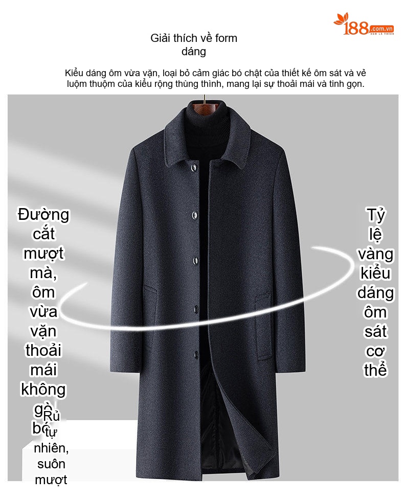 Áo Khoác Dạ Nam Trung Dài Woolen Phong Cách Business Casual Màu Xám Đậm chi tiết 4