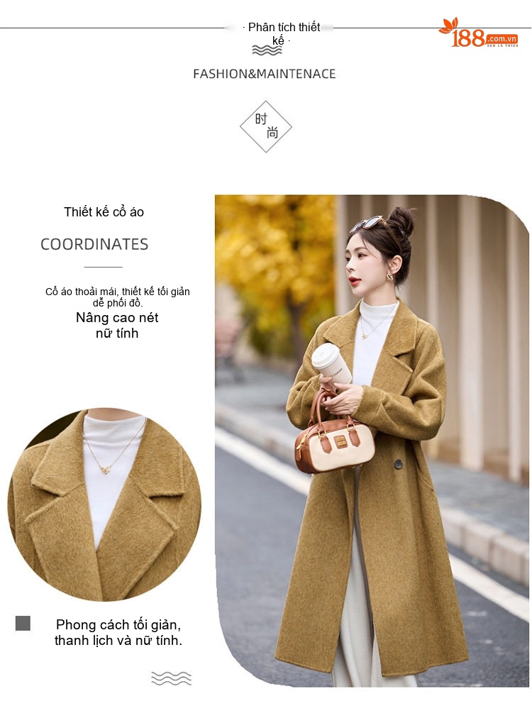 Áo Khoác Dạ Nữ Hai Mặt Dáng Dài Phong Cách Hepburn Màu Be, Nâu, Đen chi tiết 9