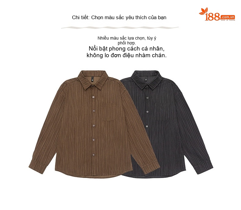 Áo Sơ Mi Dài Tay Nam Bề Mặt Vải Gân Sọc Dáng Rộng Phong Cách Retro Màu Đen, Nâu chi tiết 3