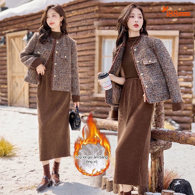 Set Áo Khoác Lửng và Chân Váy Dài Dáng Tiểu Thư Phong Cách Hàn Quốc Màu Nâu