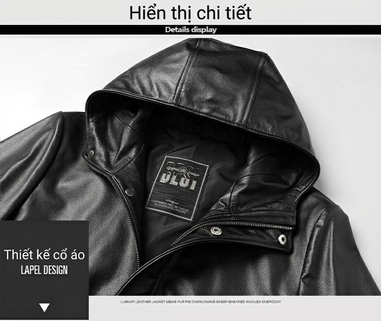 Áo Khoác Da Thật Nam Mũ Trùm Đầu Dáng Ôm Ngắn Phong Cách Thời Trang Màu Đen chi tiết 7
