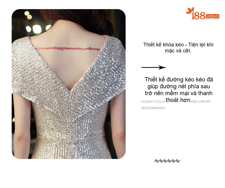 Váy Dạ Hội Nữ Đính Kim Sa Dáng Ôm Đuôi Cá Dài Đến Bắp Chân Thanh Lịch Màu Trắng Bạc chi tiết 5