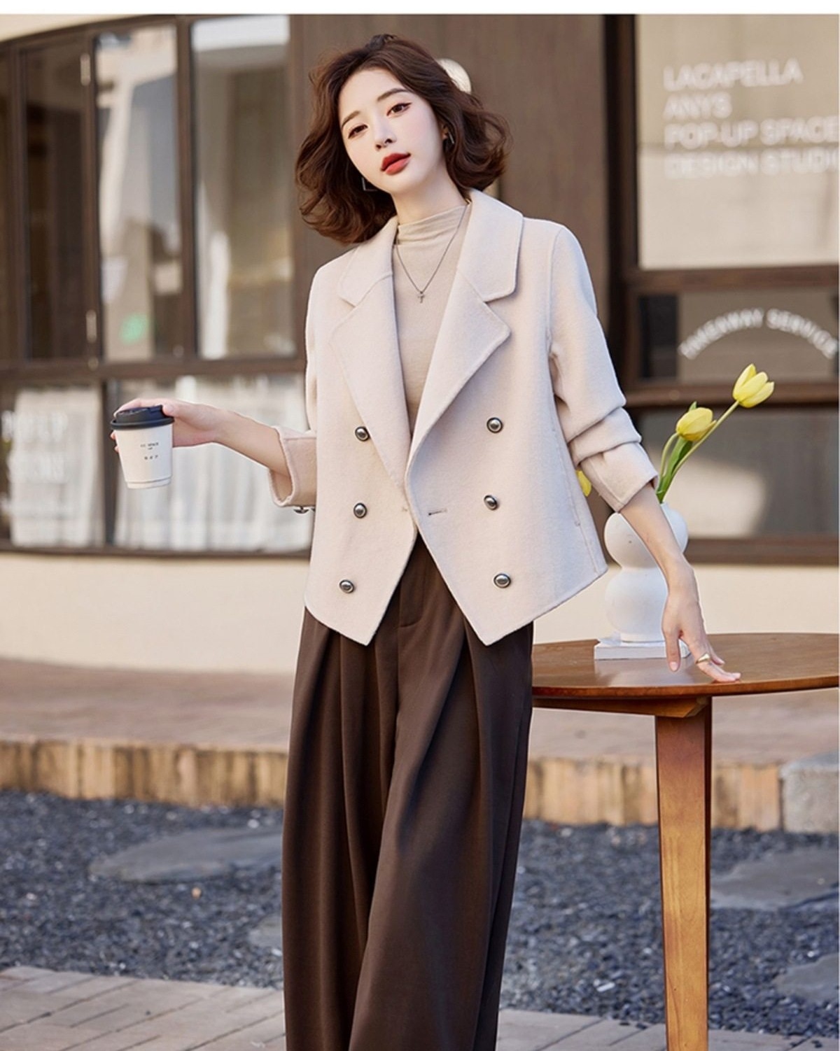 Áo Khoác Dạ Nữ Dáng Vest Hai Mặt Lông Cừu Cashmere Phong Cách Tiểu Thư Màu Đỏ, Xám, Nâu, Kem chi tiết 22