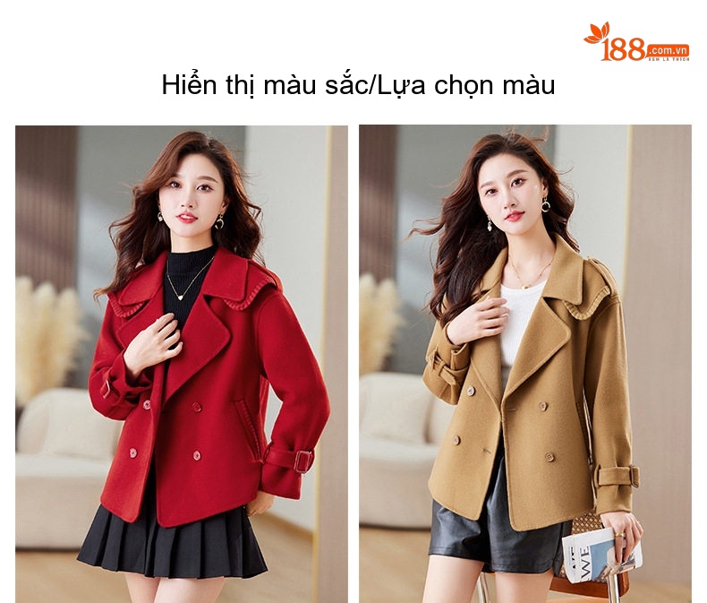 Áo Khoác Dạ Nữ Hai Mặt Dáng Ngắn Cổ chữ Vest Thời Trang Màu Đỏ, Nâu, Đen, Hồng chi tiết 13