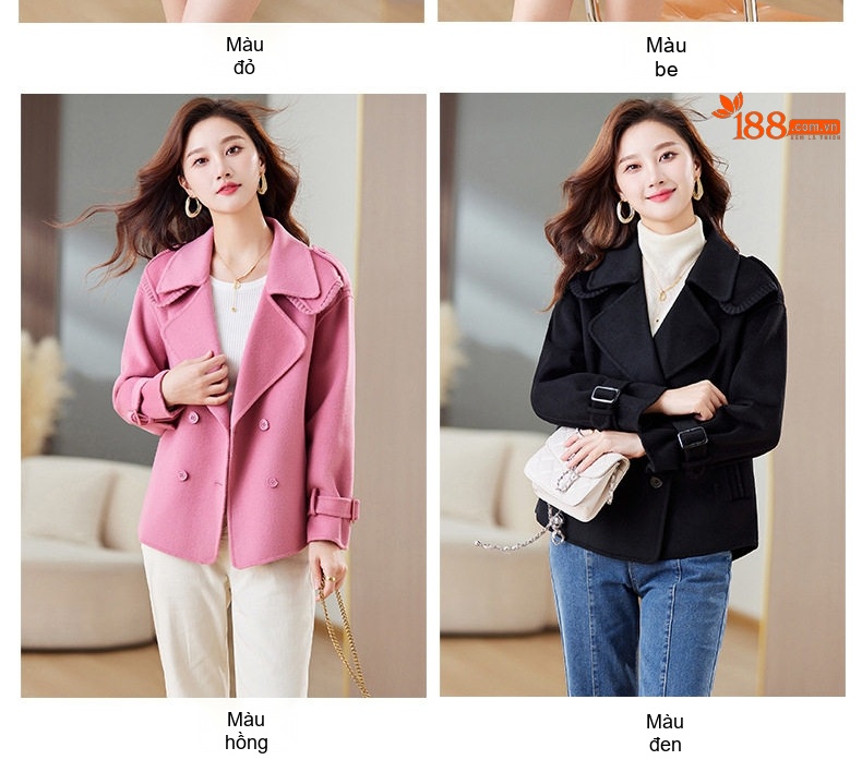 Áo Khoác Dạ Nữ Hai Mặt Dáng Ngắn Cổ chữ Vest Thời Trang Màu Đỏ, Nâu, Đen, Hồng chi tiết 14