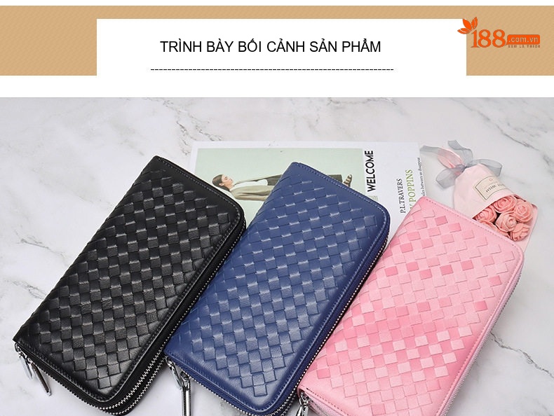 Ví Dài Nữ Da Cừu Thật Thủ Công Đan Móc Phong Cách Vintage Nhiều Ngăn Màu Đen, Hồng, Xanh Dương chi tiết 19