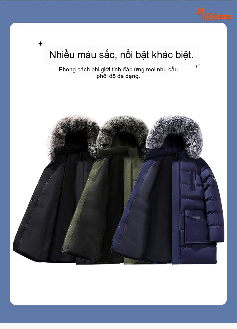 Áo Khoác Cotton Nam Dáng Dài Cỡ Lớn Có Mũ Trùm Đầu Lông To Dày Dặn Màu Đen, Xanh Navy, Xanh Rêu chi tiết 2